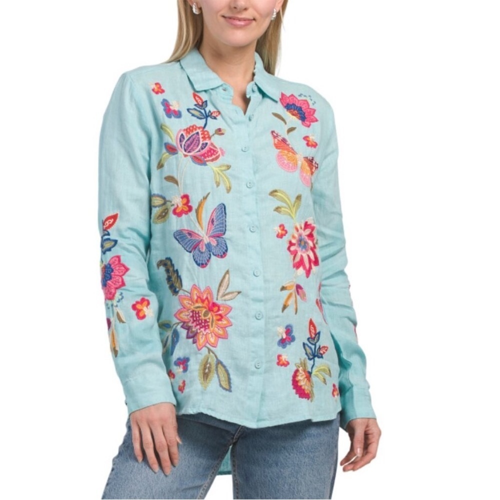 NWT Johnny Was Blue Gracey Oversized Linen Embroidered Button Down Blouse Size S
